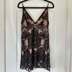 Free People Night Shimmer Mini Dress Elegant Black Nude Lace‎ Slip Sleeveless